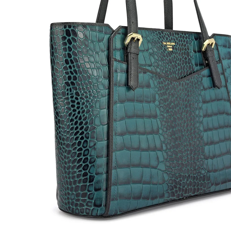 Da Milano Teal Medium Croco Leather Tote - Teal for Women | Best Price UAE